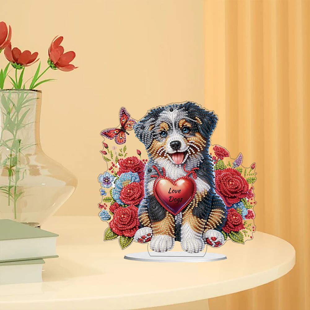 5D DIY Diamantkunst Tischdekorationen Acryl Sonderform Hund und Rote Rose Strasssteine Schreibtischornamente Schlafzimmer Tischdeko