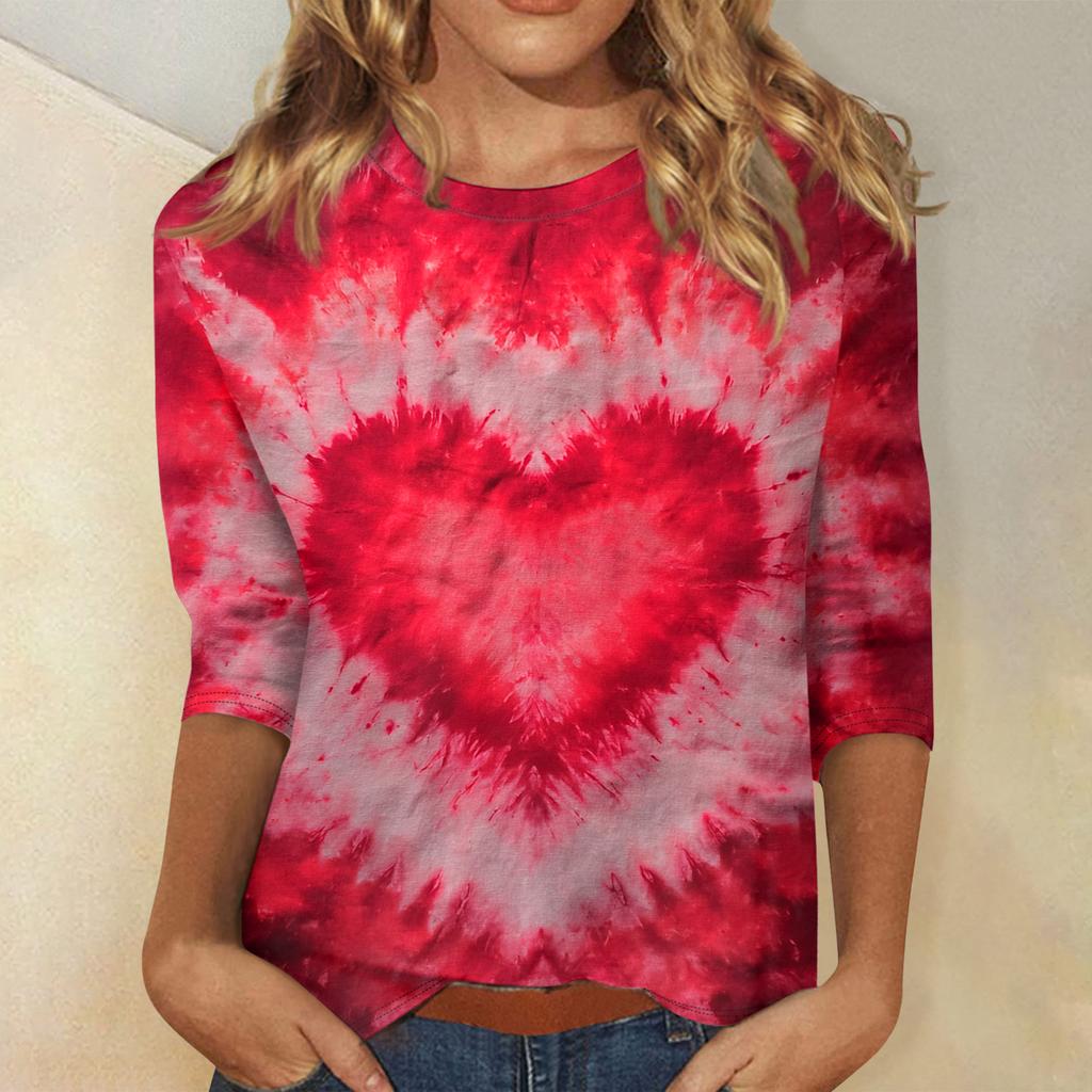 Women's Fashion Casual Round Neck 3/4 Sleeve Loose  Printed T-Shirt Ladies Top