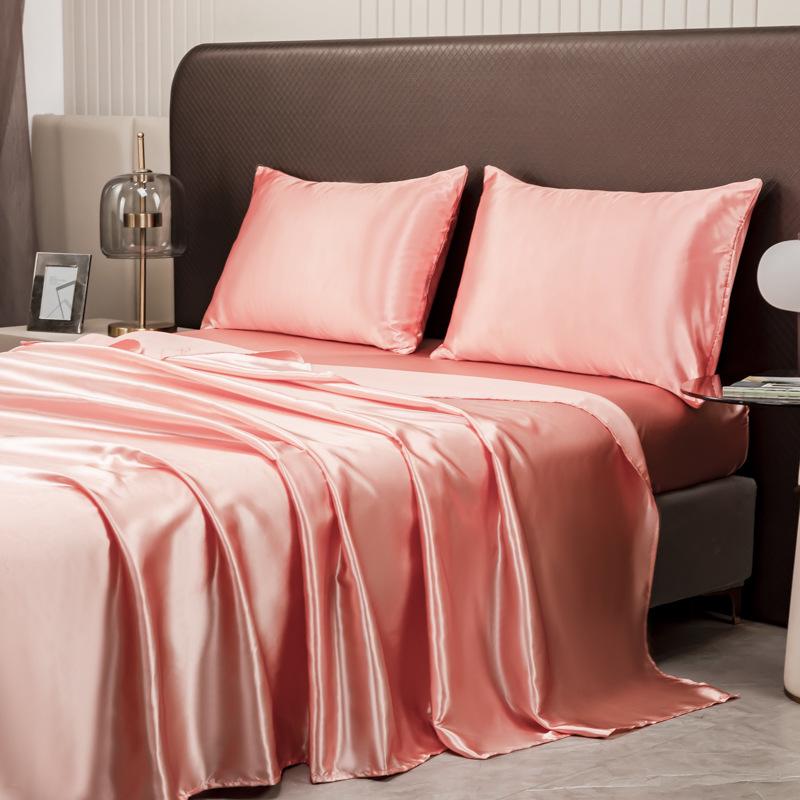 Satin-Feel Solid Color Four-Piece Bedding Set: Bed Sheet, Fitted Sheet, and Pillowcases (European & American Style)