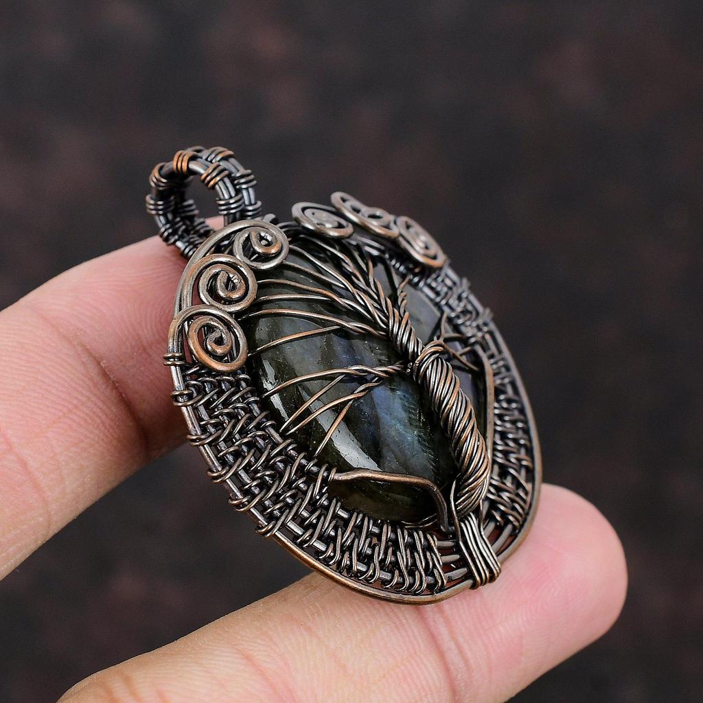 Přívěsek Strom života Labradorit Přívěsek ovinutý měděným drátem Drahokam Ručně vyráběné šperky Přívěsek léčivý kámen Dárek pro matku Měděné šperky