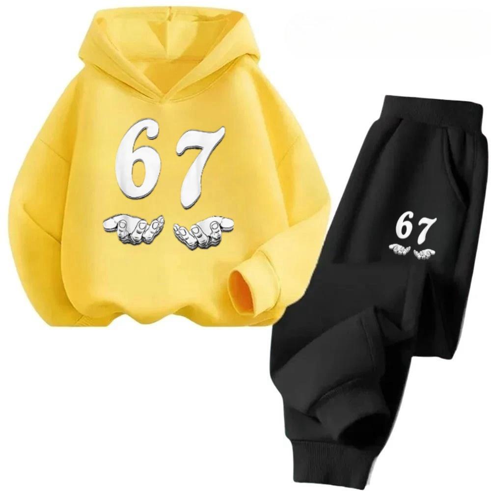 67 Fun Kids Set Cartoon Print Tracksuit Casual Fashion Outfit Children's Hoodies Set Fashion Trend Set Pants Suits