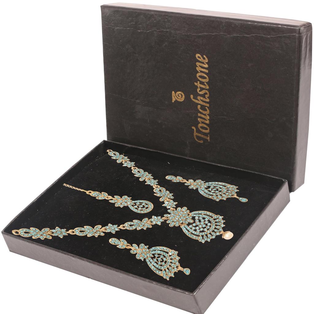 Touchstone Indian Bollywood Gorgeous Intricate Craftsmanship Sparkling White Colorful Rhinestone Crystal Wedding Designer Jewelry Necklace Set Gold