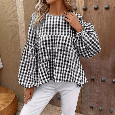 Women's Spring and Autumn Casual Loose Plaid Bubble Sleeve Top