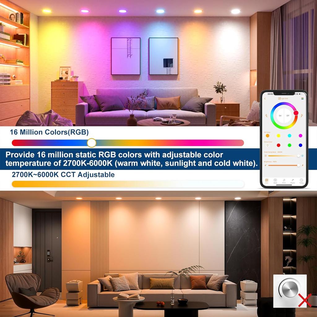 1-10 Pezzi Lampada da Incasso LED Intelligente WiFi Lampada Dimmerabile Lampada RGB Controllo Remoto tramite APP Luce Cambia Colore per Google Alexa Home
