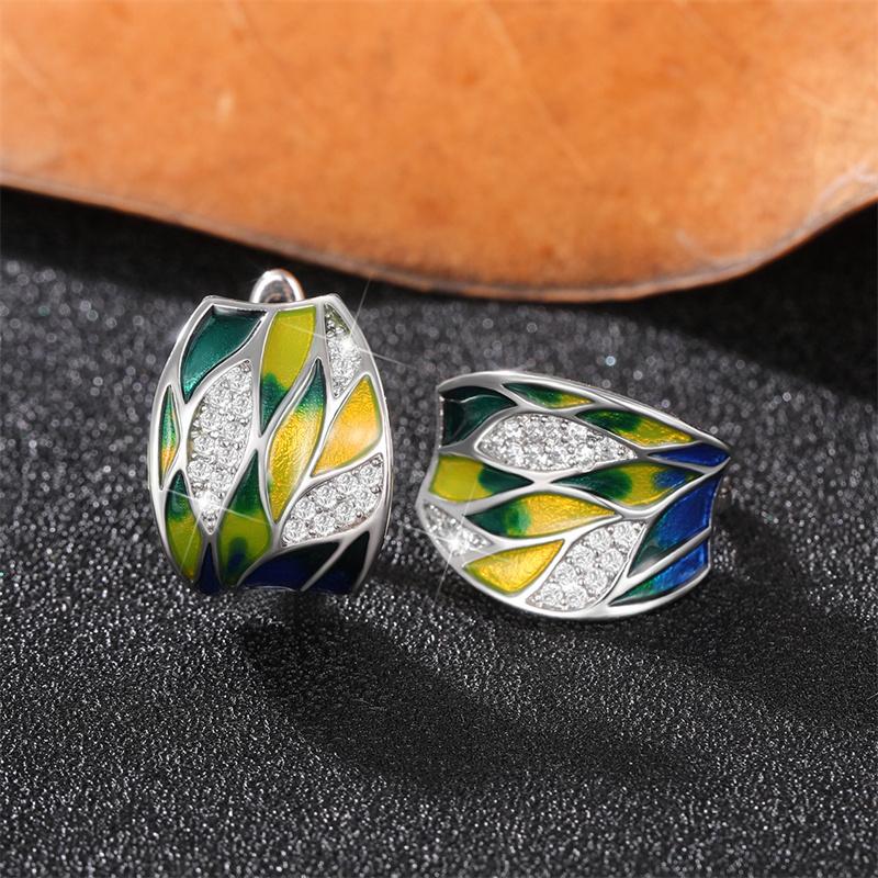 Huitan Temperament Women's Hoop Earrings for Anniversary Party Leaf Design Enamel Earrings Special-interested Jewelry