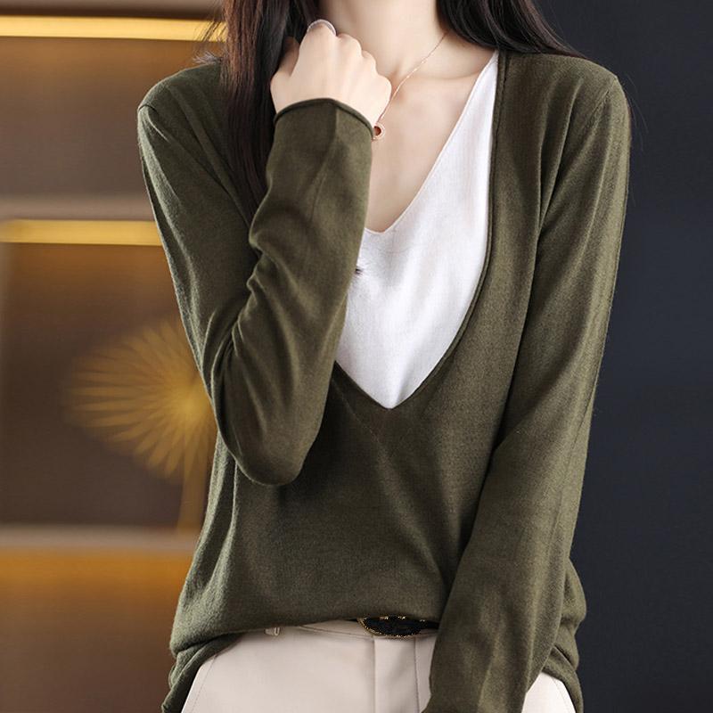 Women Sweaters Pullovers 2025 Autumn Winter Long Sleeve V-Neck Black Knitted Sweater Women Tops Pullover JJ107