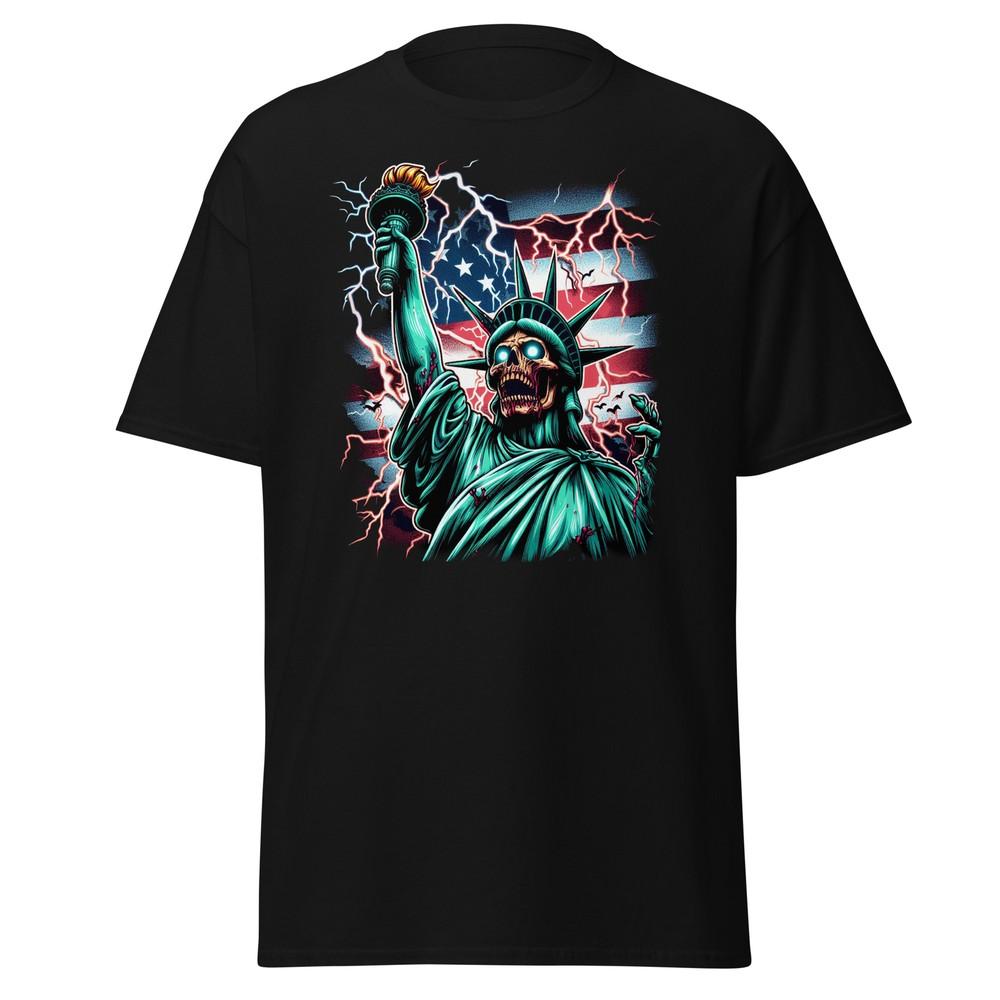 

Rise of the Undead: Unearth the Horror with Our Zombie Statue of Liberty T-Shirt L