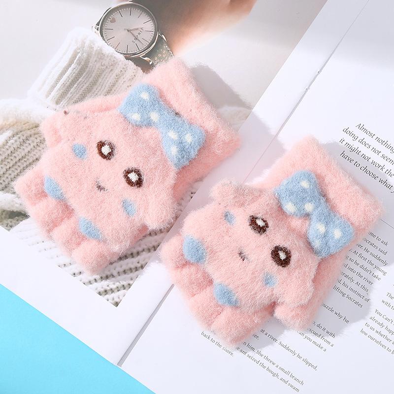Cartoon Niedliche Kinder Halbfinger Klappbare Warme Handschuhe für Herbst und Winter Kälteschutz Verdickt Baby Mädchen Schreiben und Radfahren Fünf Finger