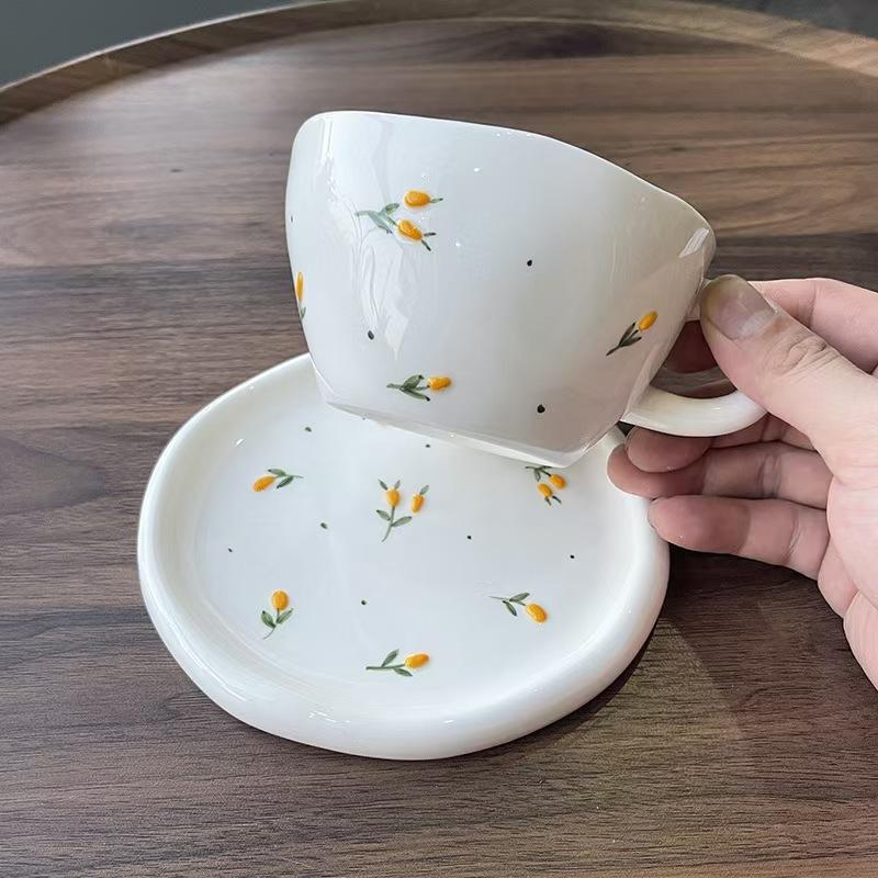High Value Hand Pinch Ceramic Coffee Cup Cute Cherry Mug Household Water Cup Breakfast Cup One Dish Set