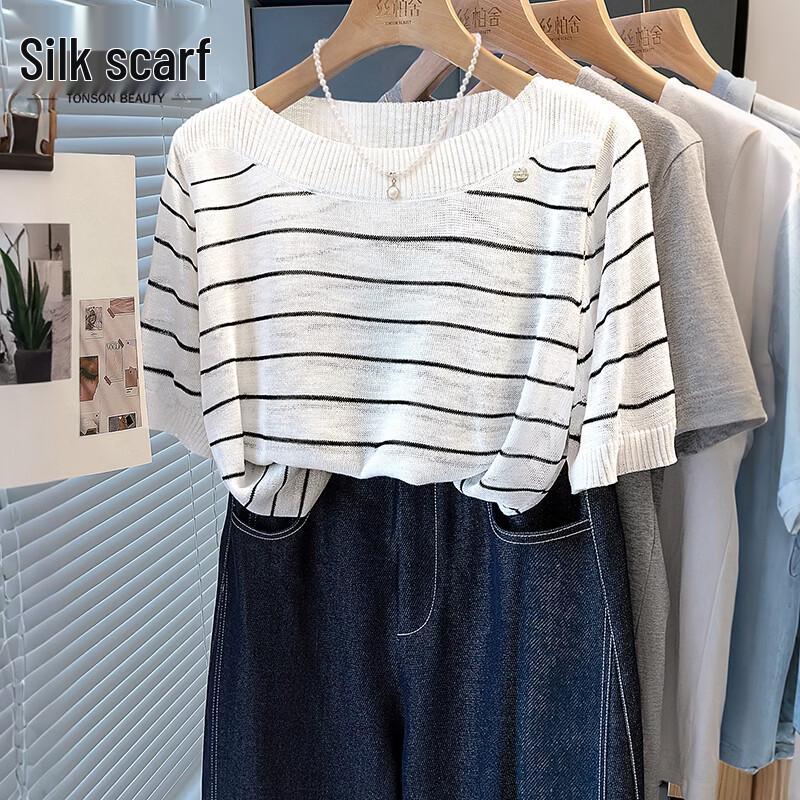 Women s Casual Striped Short-Sleeve Knitted Pullover One size