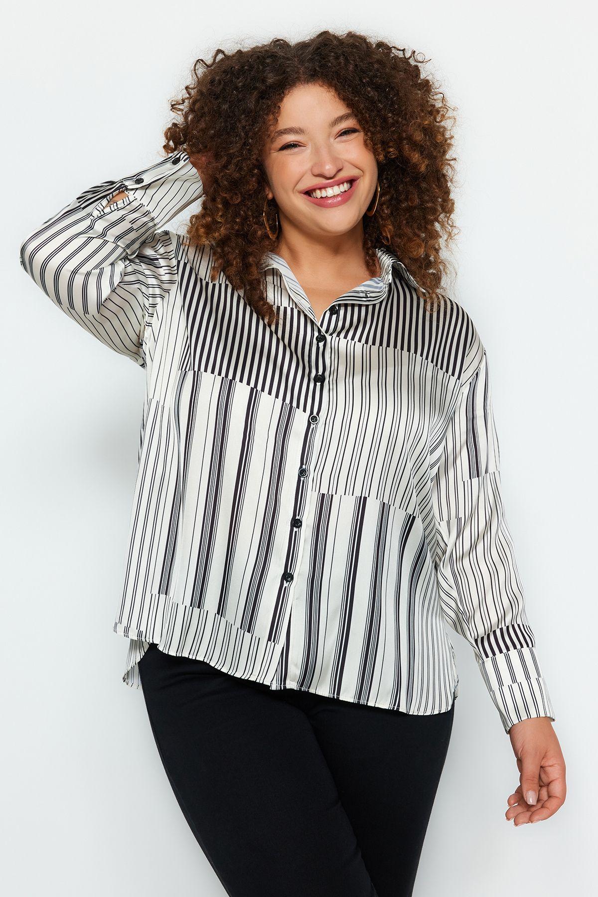 

Women s Style Plus Size Black and White Striped Woven Shirt XL