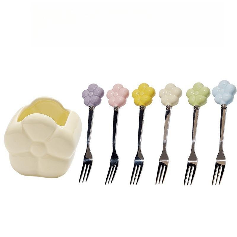 Creative Stainless Steel Fruit Fork Table Decoration Ornament Ceramic Storage Jar Set Exquisite Afternoon Tea Knife Fork