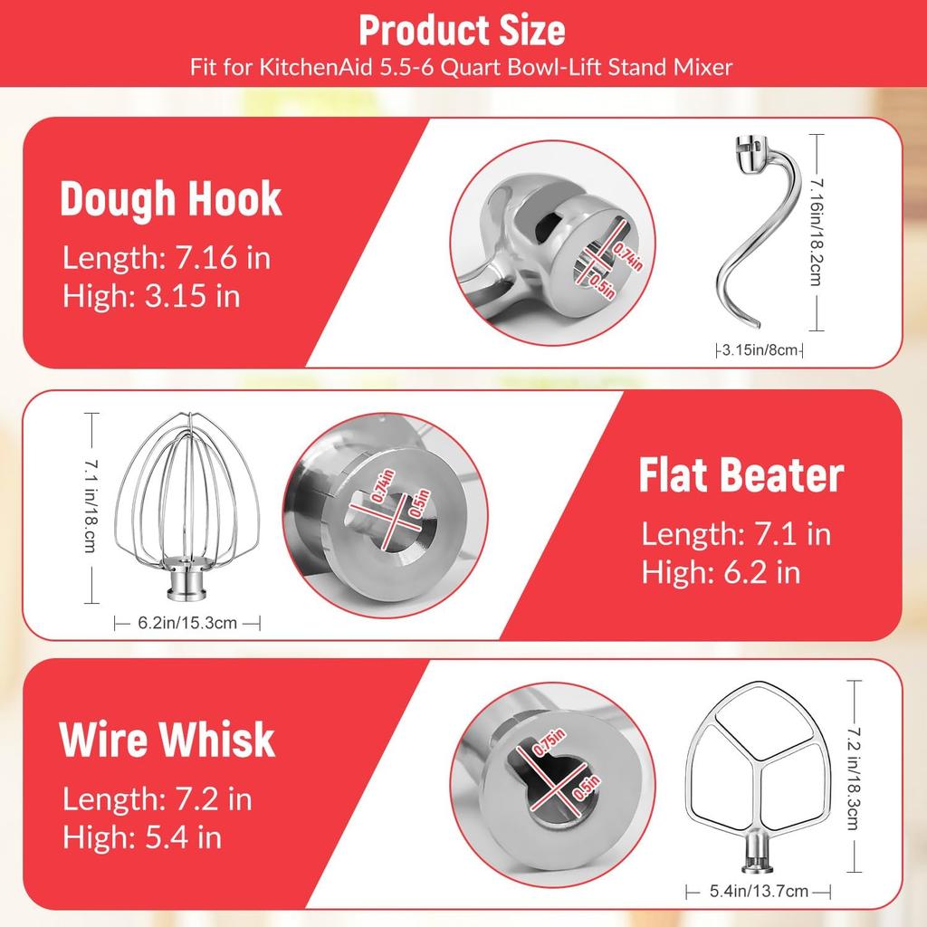 Kitchen Mixers Accessories for KitchenAid Mixer, 6 QT Dough Hook K256WW Wire Whip and Flat Blade Paddle Stainless Steel Attachments for Kitchen aid