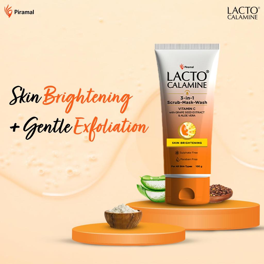 Lacto Calamine 3-in-1 Vitamin C Face Scrub Mask Wash 100ml Brightening Multi-Action Skincare