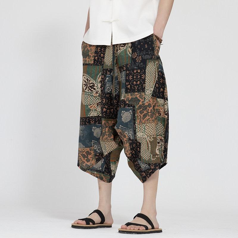 Chinese style men's summer new printed large pants beach pants large size trend loose zen seven-point Harlan pants