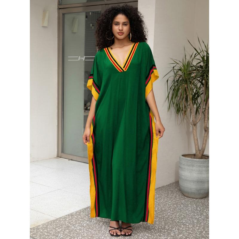 Women's Fashion Summer Spring Solid Color Print 1/2 Sleeves V-Neck Loose Waistline Casual Dresses