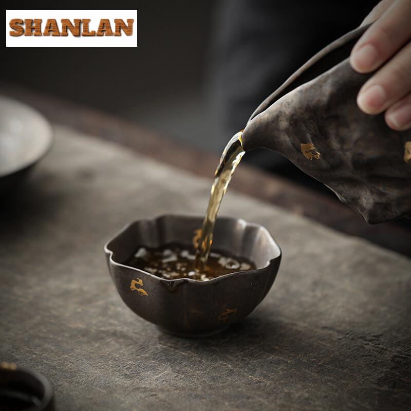 Handmade Gold Pointing Gilded Glazed Teacup Retro Ceramic Master Cup Tea Cushion Personal Single Tea Bowl Base Kung Fu Teaware