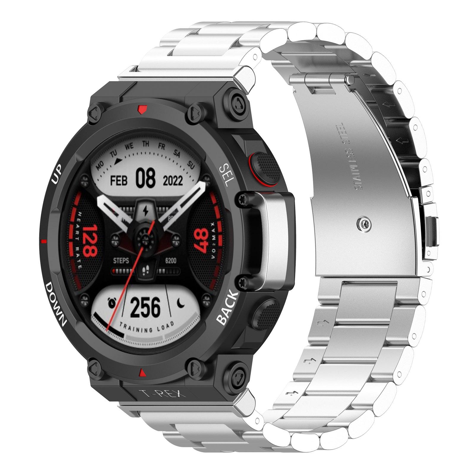 

For Huami Amazfit T-Rex 2 Bands Stainless Steel Three Beads Watch Strap Replacement with Tool Silver