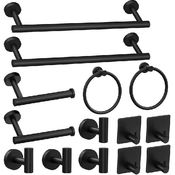 14-Pieces Matte Black Bathroom Accessories Set, Stainless Steel Bathroom Hardware Set, Bath Towel Bar Set, Towel Racks for Bathroom Wall Mounted.