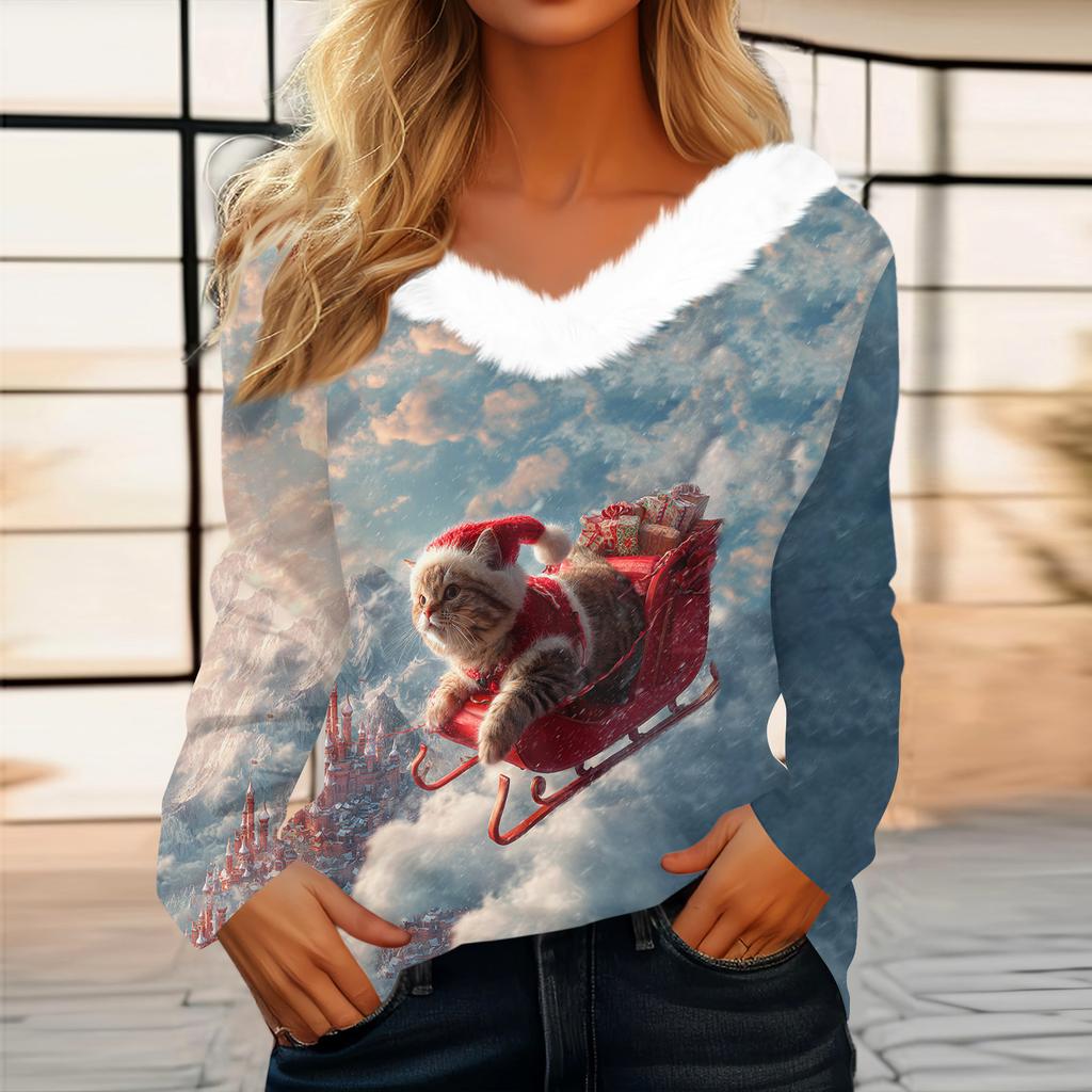 Women's Christmas Printed Long Sleeved Party Plush Neck V-neck Top