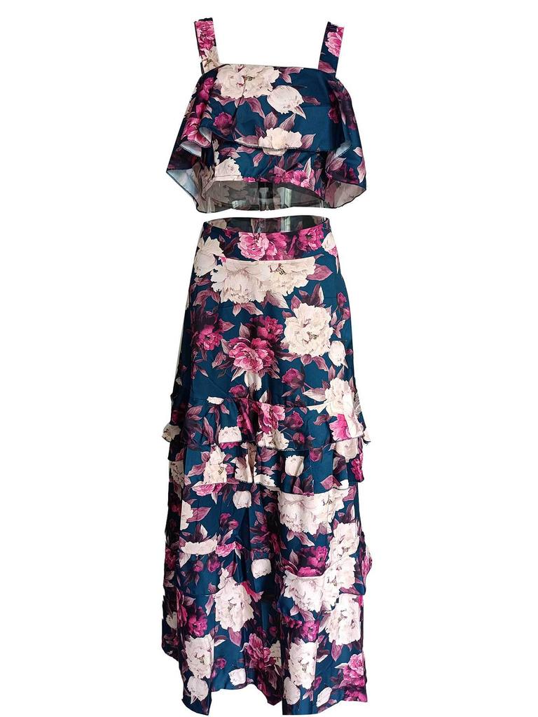 European & American Women's Resort Style Two-Piece Set: Printed Camisole Top with Layered Long Skirt. Perfect for Beachside Holidays.