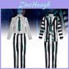Stylový cosplay kostým Beetlejuice se zelenobílými pruhy z měkké látky