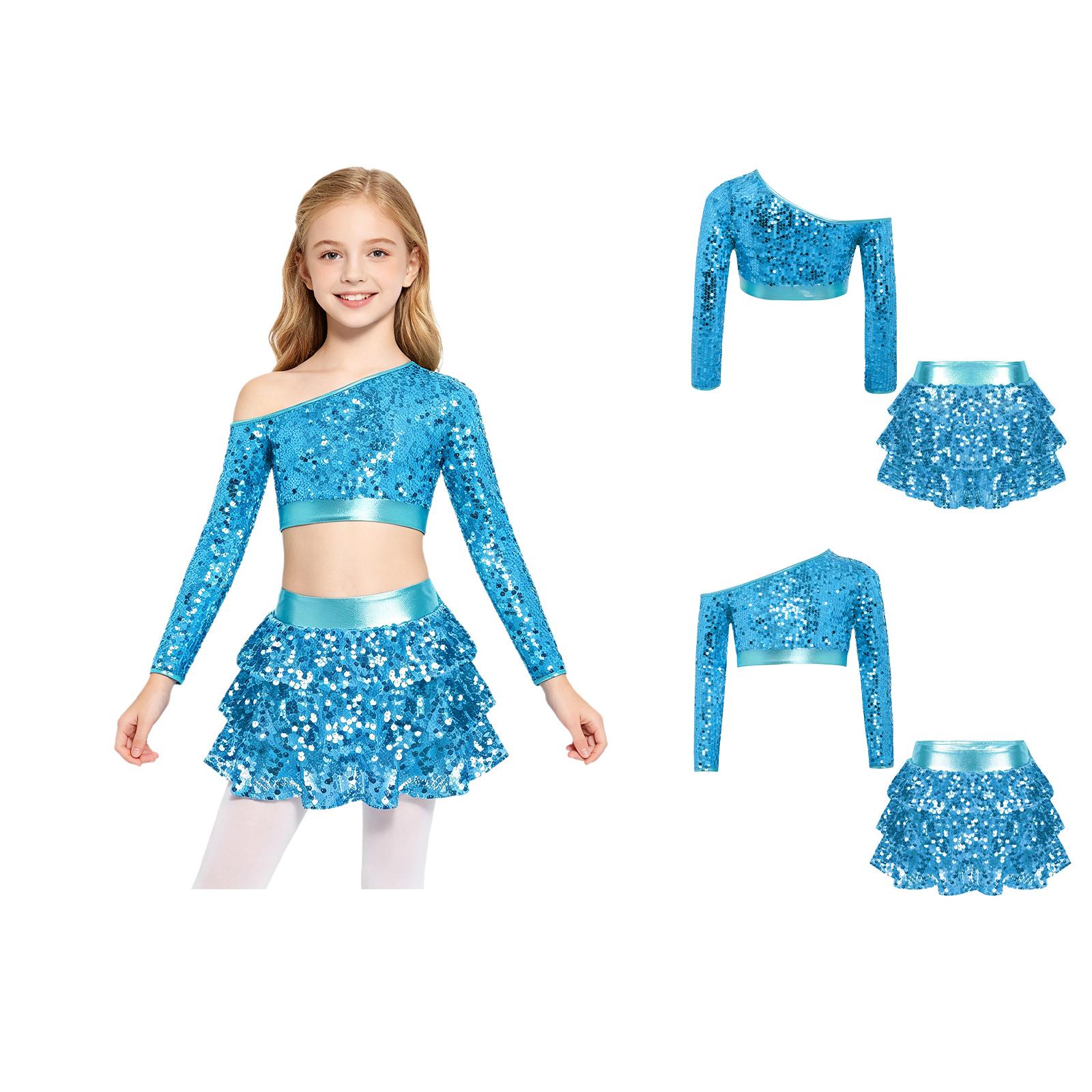 Mädchen Jazz Dance Pailletten One-Shoulder Langarm Crop Top mit gestufter Rüsche Glänzende Culotte für Auftrittswettbewerb Bühne 5-6 Years hellblaue
