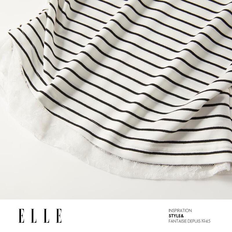 ELLE Striped Lace Patchwork Short Sleeve T-Shirt