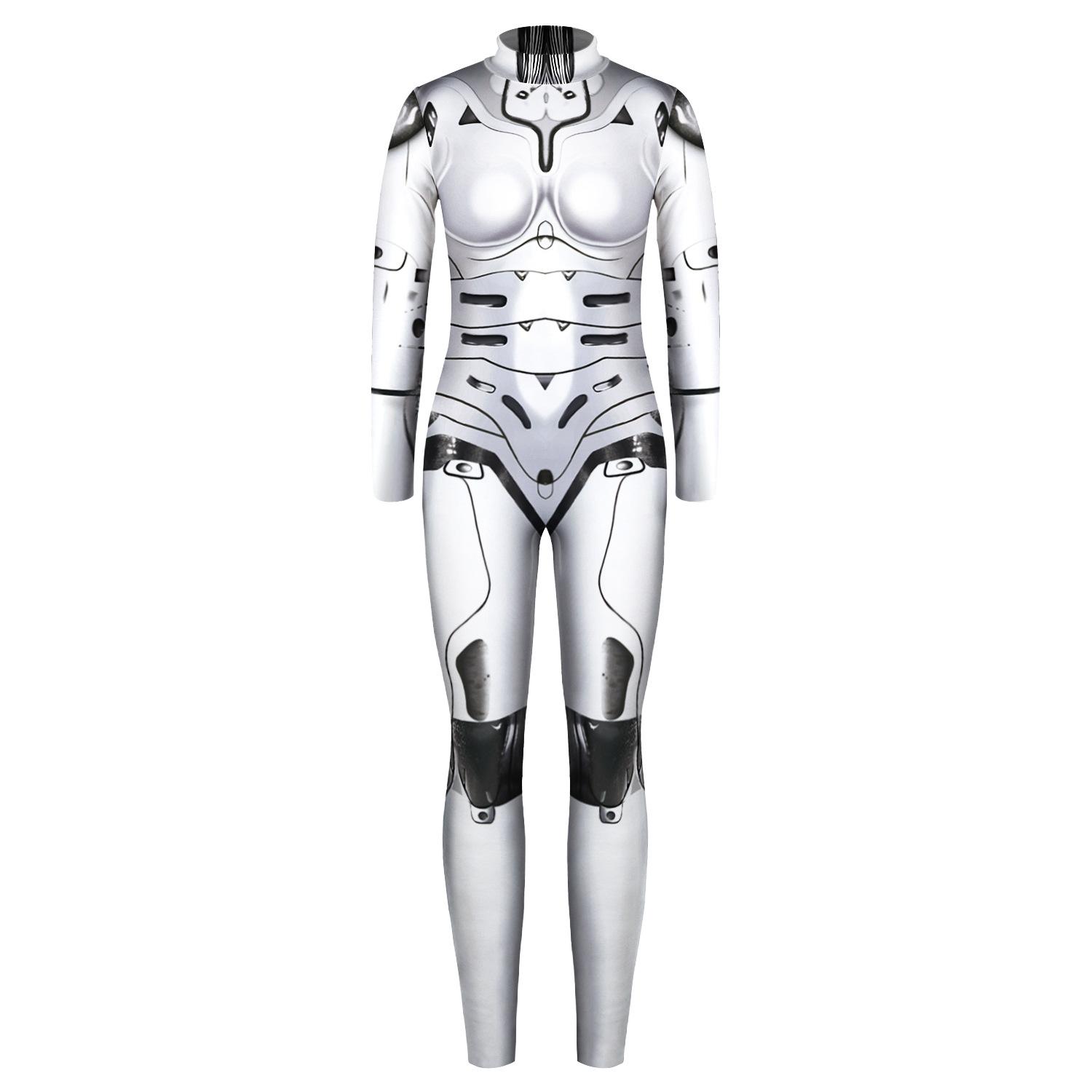 

Print Armor Robot Cosplay Sexy Slim Leotard Stretch Jumpsuit Costume Halloween AldultWhite,M