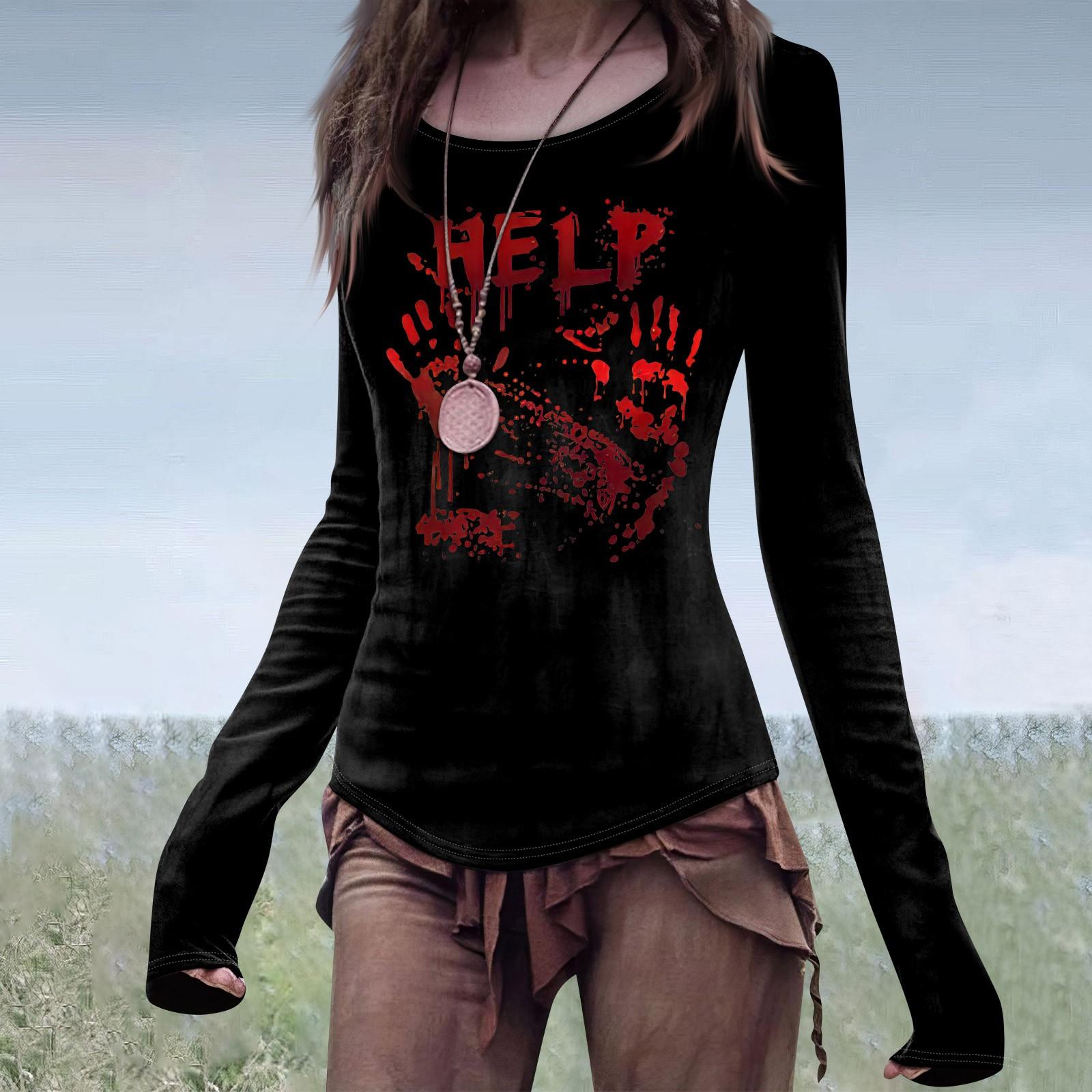 

Женская мода повседневный Mori Slim с длинным рукавом Хэллоуин принтованный круглый вырез обычный топ L чёрный