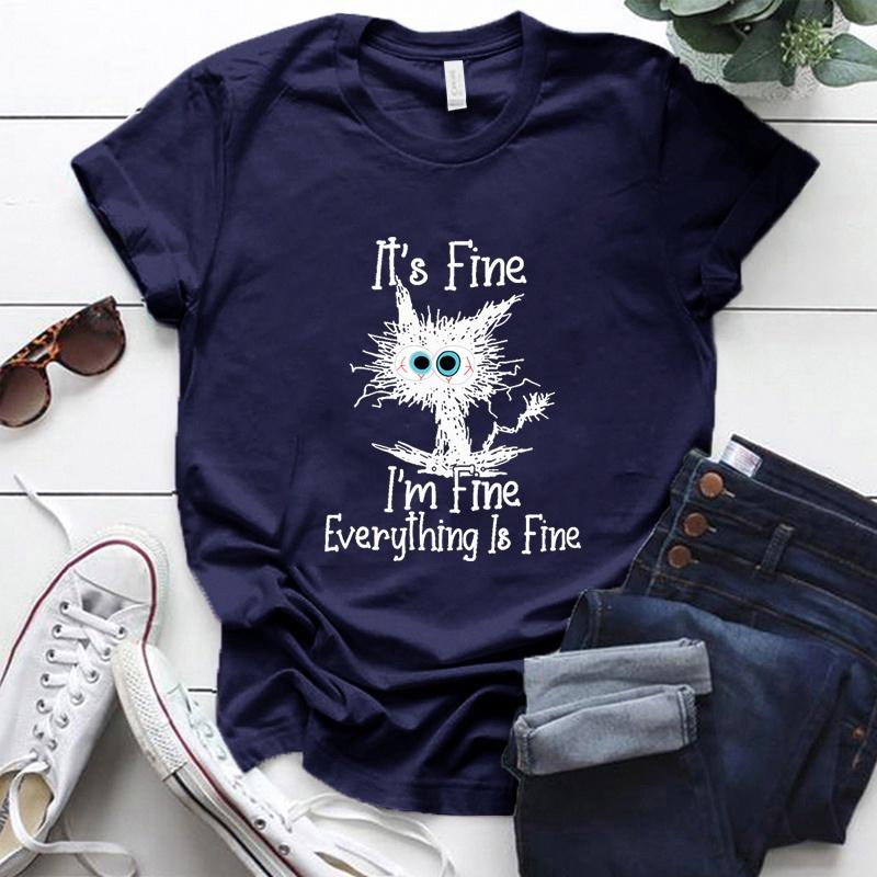 Fine Everything Is Fine Funny Cat Print T-Shirt Men's and Women's Casual Top Funny Cat Summer Loose Short Sleeve Shirt