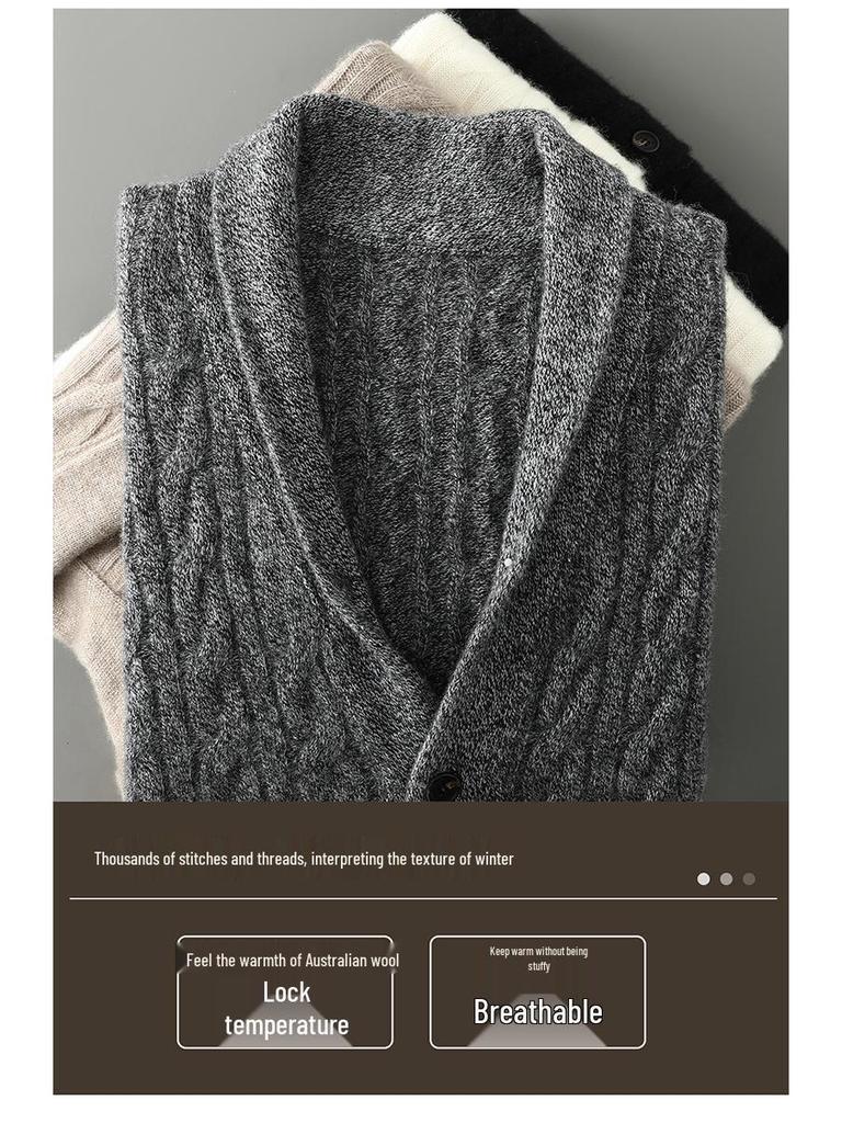 Men's Thick Cable Knit Wool Cardigan Sweater - Camel