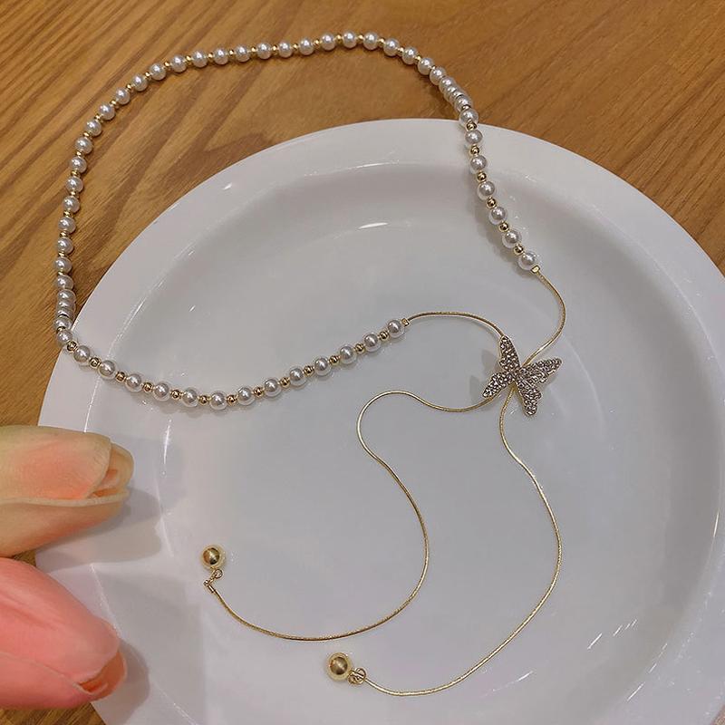 Unique Design Adjustable Tassel Imitation Pearl Chain Necklace for Women Shiny Rhinestone Butterfly Long Neck Choker Jewelry