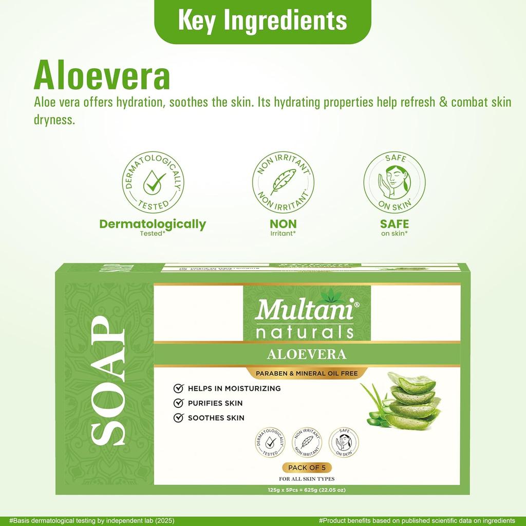 Multani Aloe Vera Bath Soap Bar 125 g Pack of 5PCS Natural Handmade Herbal Cleansing Soap For Deep Hydration All Skin Type