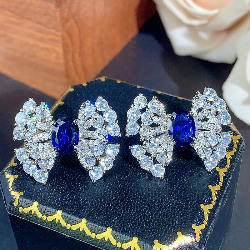 New Jewelry Set Accessories Blue Zircon Butterfly Stud Earrings Clavicle Chain Ring High Versatile Fashion Light Luxury Women