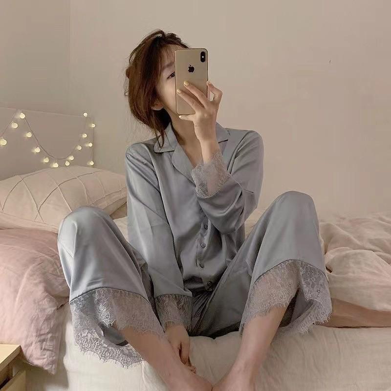 Women's Spring/Autumn Ice Silk Pajama Set - Long Sleeve, Long Pants, Cardigan, Sweet Homewear Style, Two-Piece.