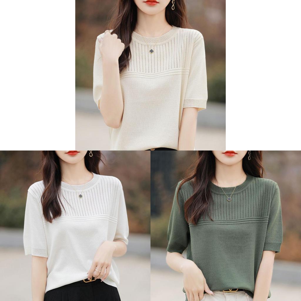 Ice Silk Short Sleeve T Shirt With Knitted Hollow Design For Summer Casual Women