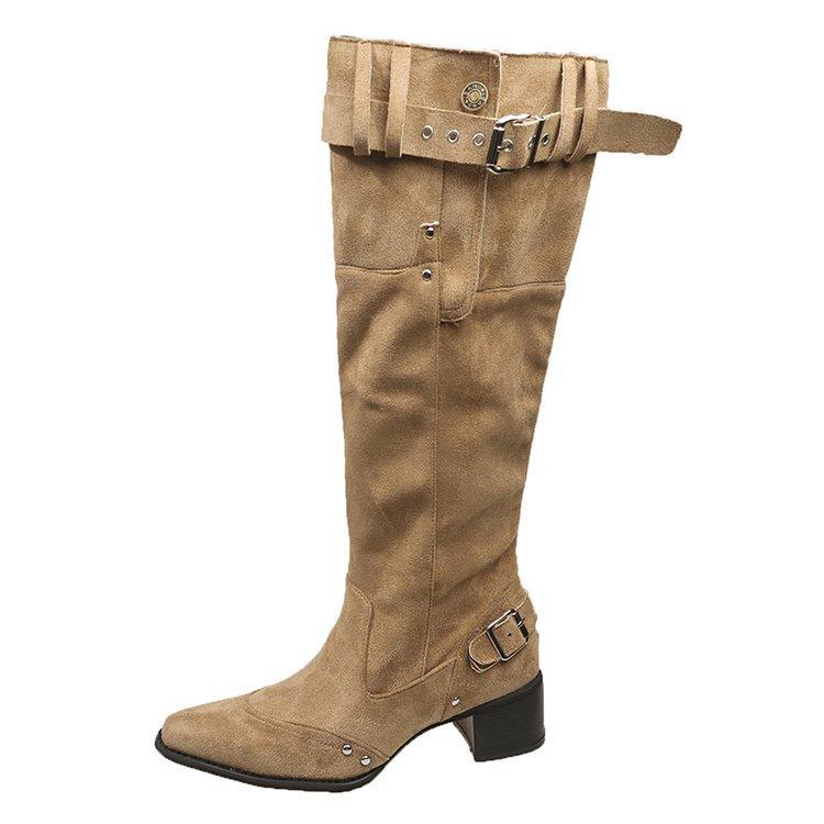 Autumn and Winter New Fashionable and Thin Stacking Boots Women's Pointed Thick Heel High Tube Belt Buckle Large Size Boots