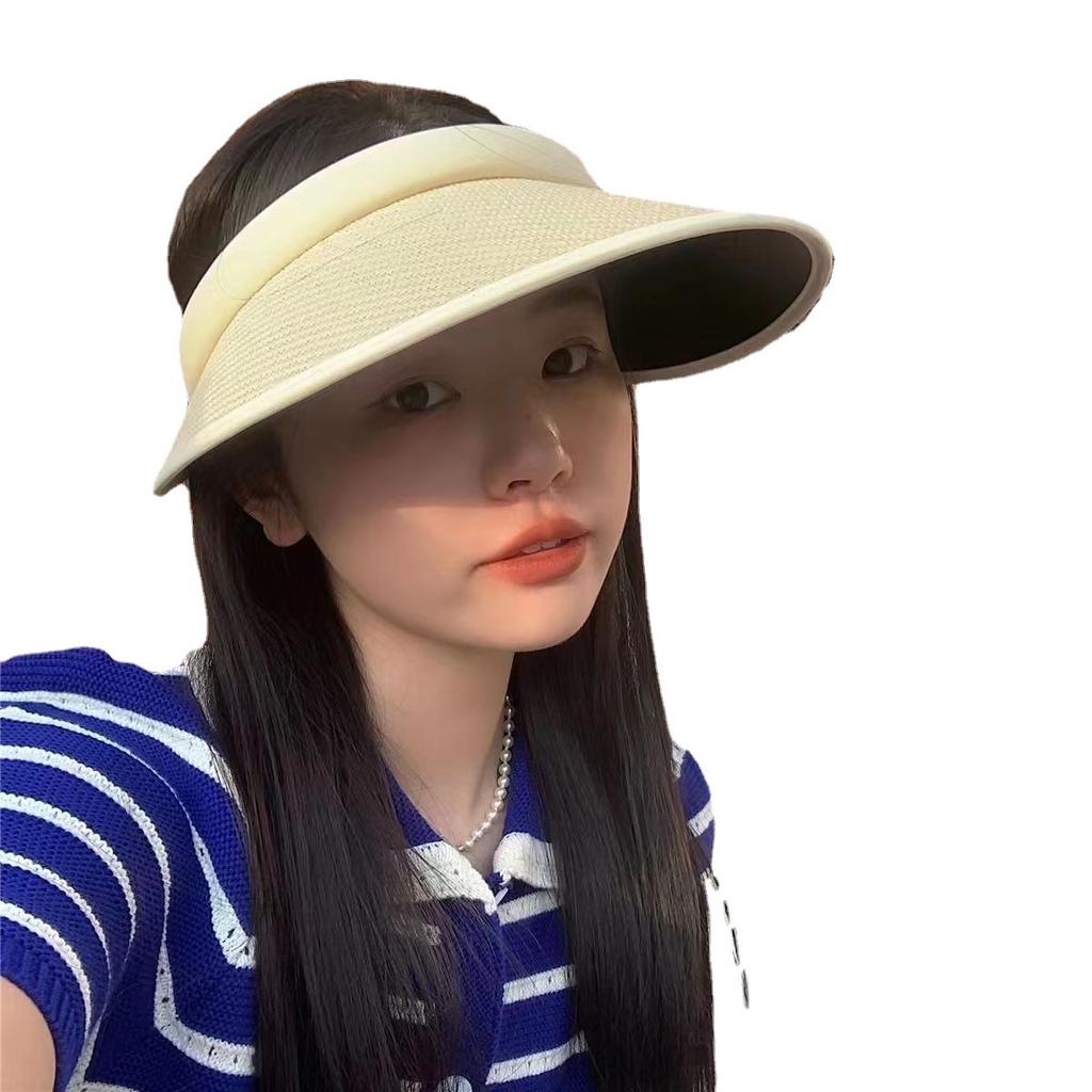 New Summer Sun Protection Hat UV Headband Straw Woven Empty Top Big Brim Showing Face Small Straw Hat