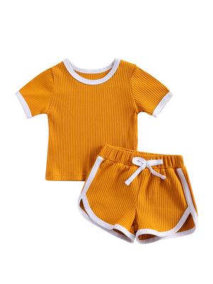 Girl 's Casual Short-sleeved Shorts Set Fresh Solid Color Pitted Round Neck T-shirt and Short Pants