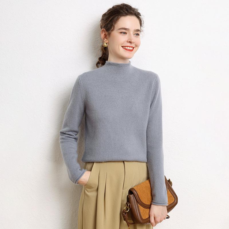 Women’s Cashmere Half-High Roll-Neck Sweater: Thick, Loose, Long Sleeve Pullover for Autumn/Winter.