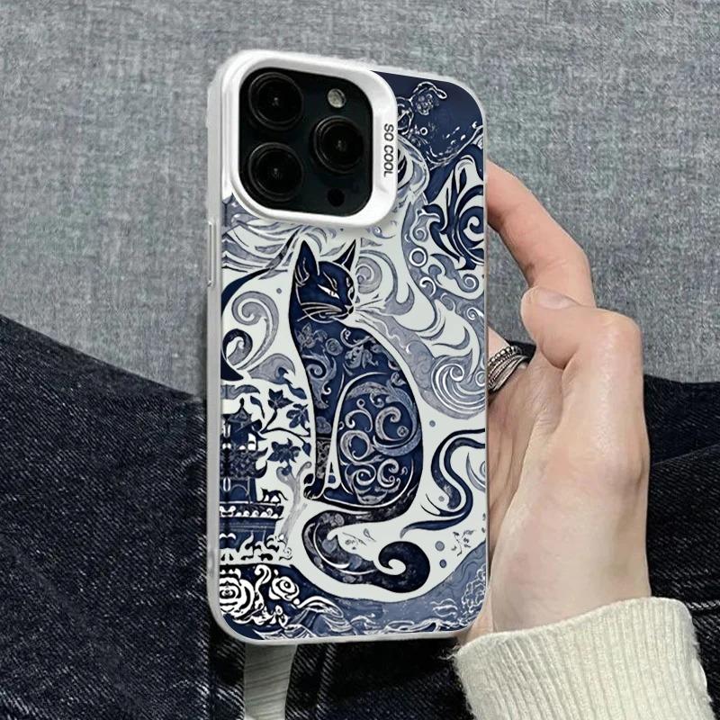 

Chinese Style Blue and White Cat Illustration Phone Case for iPhone 17 16 15 14 13 12 11 Series Pro Max Plus iphone 12 Pro