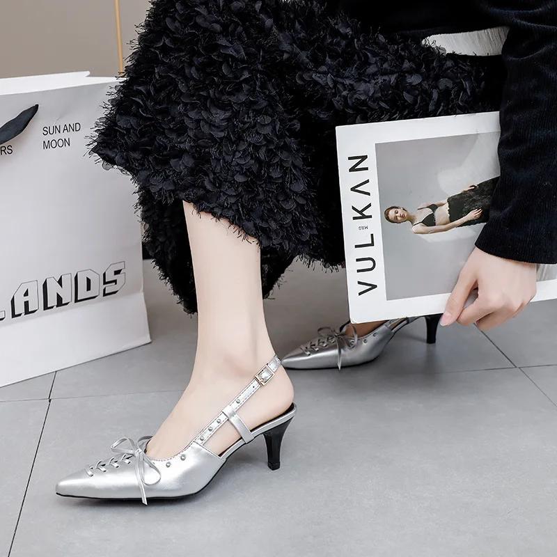 

Lace with Bow-tied Skinny Heel Overhead Sandals Female Summer New Temperament Pointy Head After Empty Fashion High Heels 40 серебряный