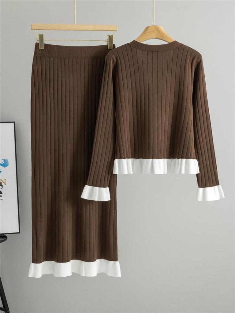 Europäisches Strick-Cardigan- und Rock-Set für Damen - Glockenärmel, Frühling-Herbst, Koreanischer Stil