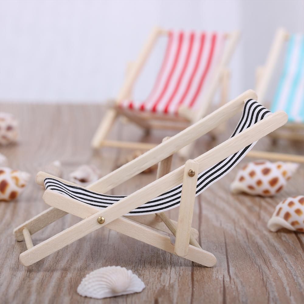 1PC Wooden Lounge Chair for 1/12 Dollhouse Miniature Furniture Folding Stripe Beach Chair Model Mini Home Desktop Decor