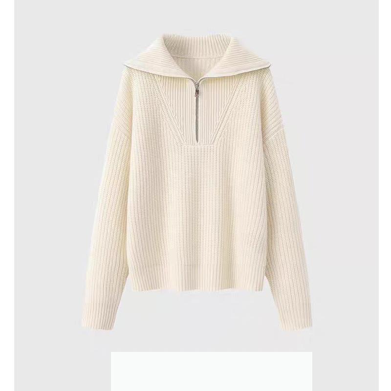 Half zipper knitted sweater autumn and winter fashion lapel simple casual temperament large size sweater women