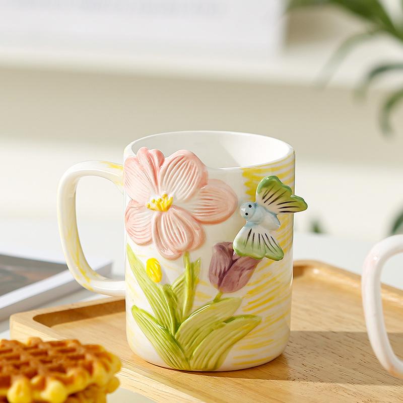 Underglaze Color Hand Painted Flower Ceramic Cup Butterfly Mug Ins Windy Good Looking Coffee Cup Women's Home Breakfast Cup