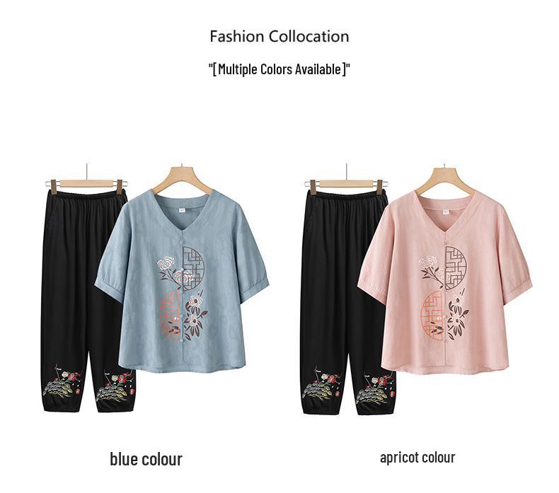 2026 New Summer Cotton Linen Suit: Stylish Short-Sleeved T-Shirt for Middle-Aged and Older Women