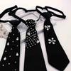 Rhinestones Embellished Necktie for Women Men Student Elegant Pre Tied Adjustable Black Ties for Uniform School Shirt