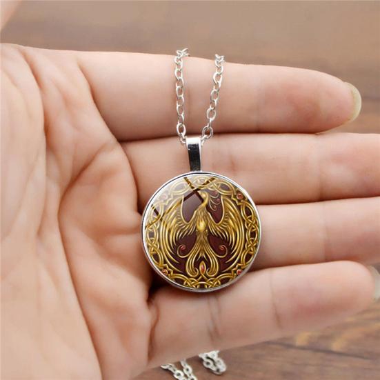 Phoenix Pattern Pendant Cabochon Vintage Jewelry Glass Necklace Chain Women Gift